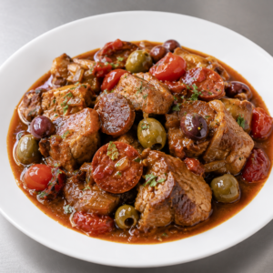 Braised Pork in sherry, with chorizo, olives & tomatoes