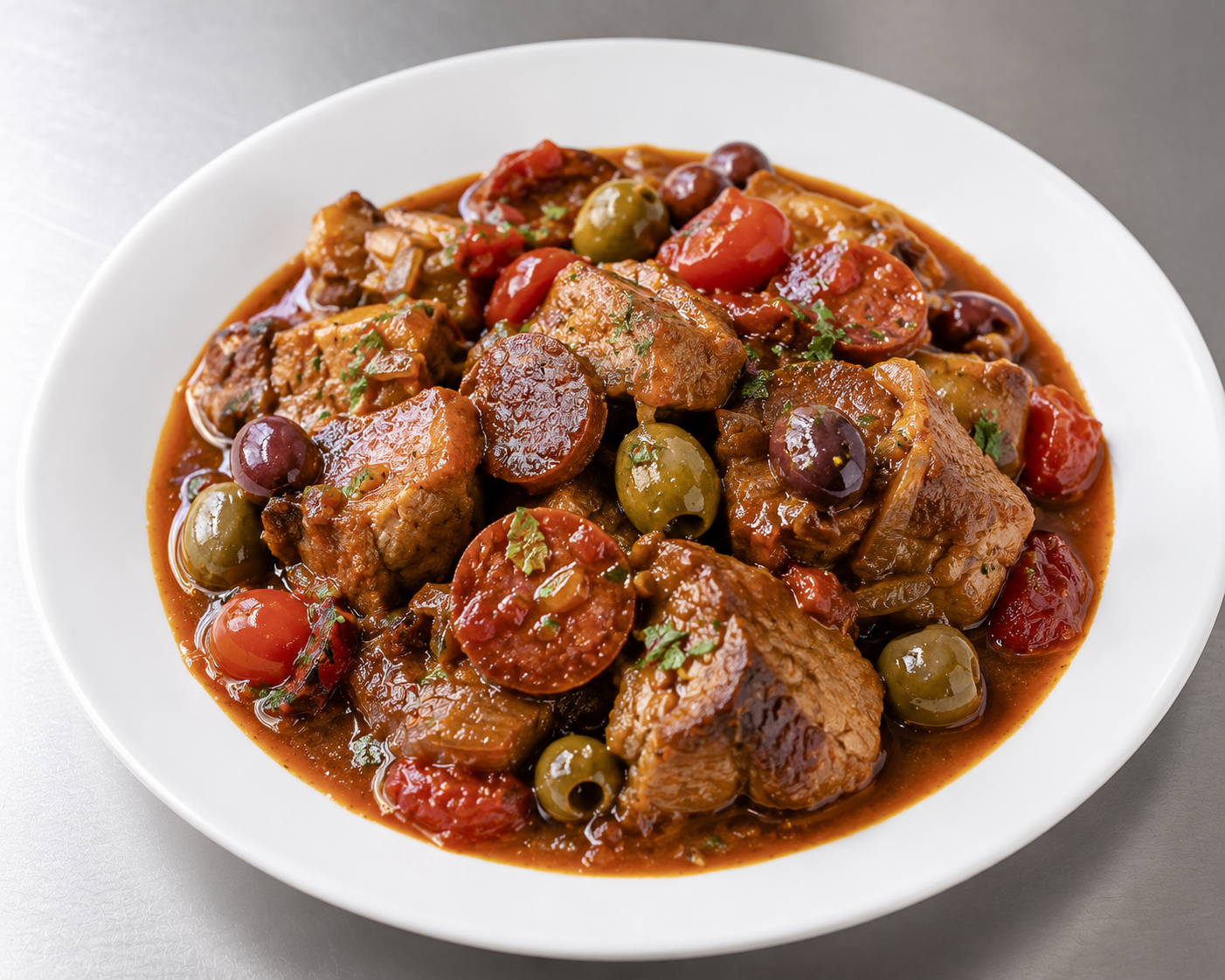 Pork Braised in Sherry, Chorizo, Tomatoes & Olives